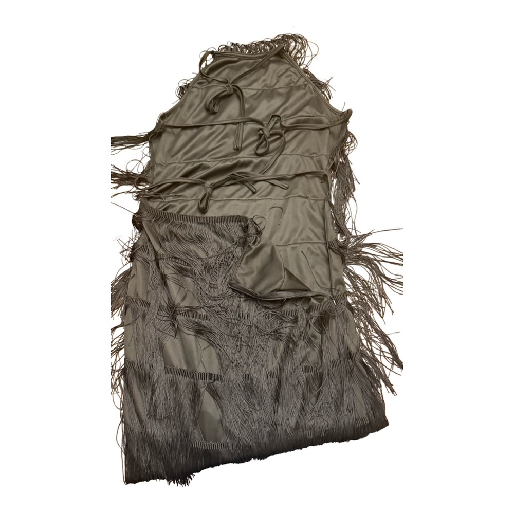SHEIN VCAY Tied Backless Split Thigh Fringe Hem Halter Dress - Picture 7 of 8
